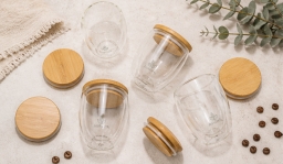 250ml Double Wall Glass Mug with Bamboo Lid
