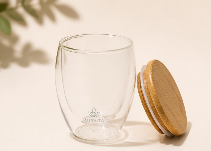 250ml Double Wall Glass Mug with Bamboo Lid