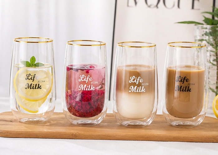 270ml Prism Double Wall Glass Cup with Golden Rim